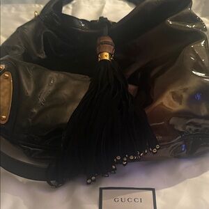 Gucci Baboushka BrownPatent Leather Shoulder Bag with Tassel Accent